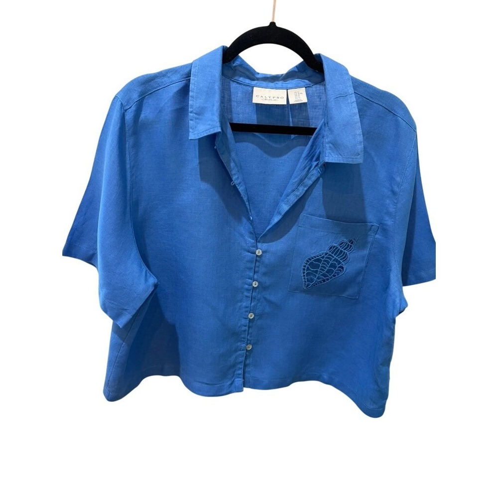 100%‎ Linen CALYPSO St Barth Blue Cropped Shirt with Shell Embroidery   XL